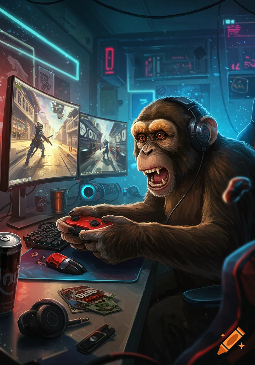Stylized digital art of an angry chimpanzee wearing headphones, intensely playing a video game with a red controller in a neon-lit room.
