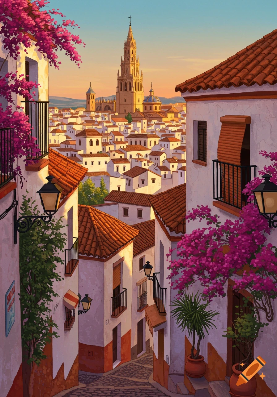 Vibrant illustration of a Spanish city, white buildings with red roofs, narrow cobblestone street, tall central tower, and pink bougainvillea.
