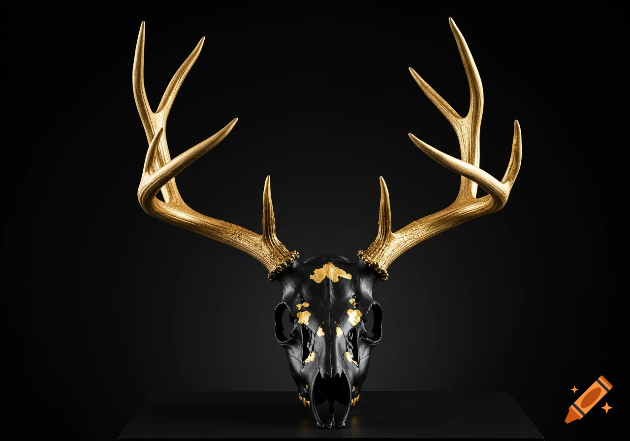 A black deer skull with gold leaf accents and golden antlers stands on a black surface against a dark background.