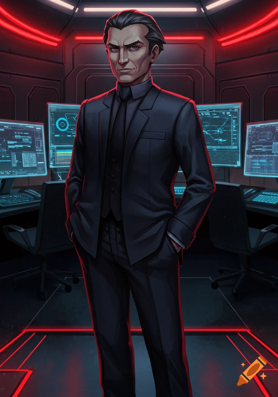 Giovanni from Pok 00e9mon, a serious man in a black suit, stands in a futuristic control room with red neon lights and computer screens.