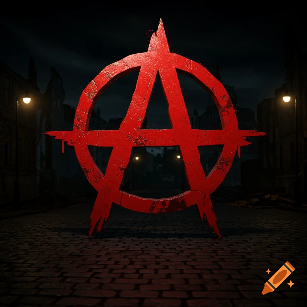 A large, weathered red anarchy symbol stands prominently on a dark, cobblestone street with dimly lit buildings and streetlights in the background.