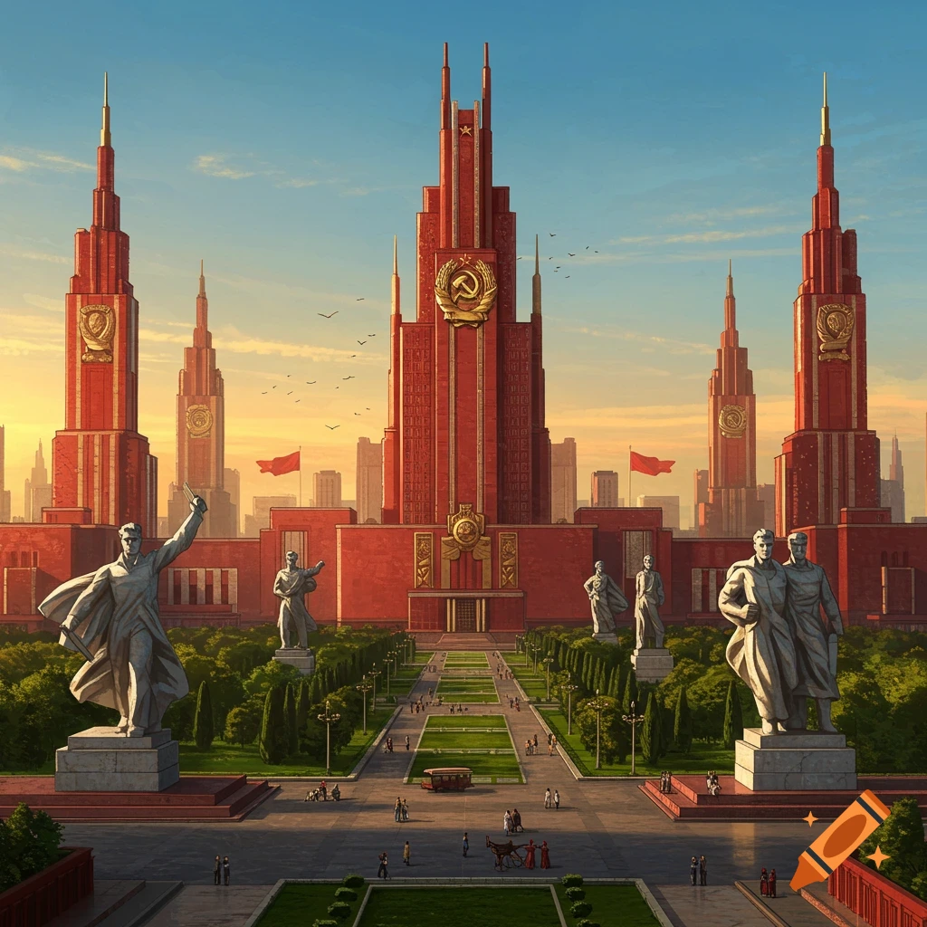 A grand, red, utopian Soviet city with towering buildings, large statues, and a bustling plaza under a dramatic sky.