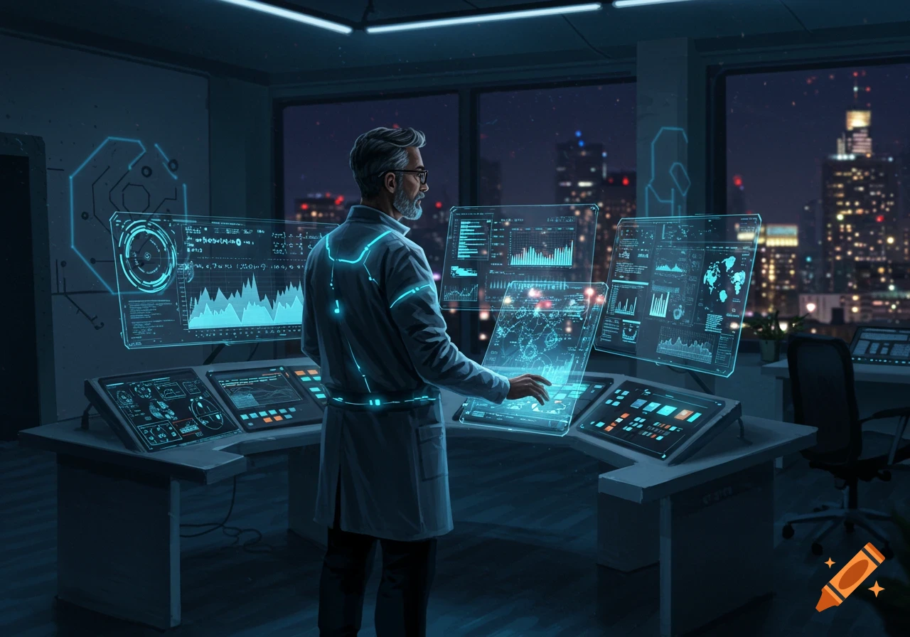 A man in a lab coat operates futuristic holographic screens in a dark, high-tech control room overlooking a city at night.
