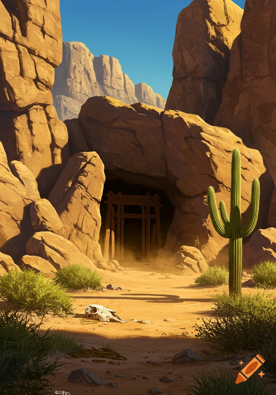 A stylized desert landscape featuring a mine entrance with a wooden frame in a rocky canyon, a tall Saguaro cactus, and an animal skull on the sand.
