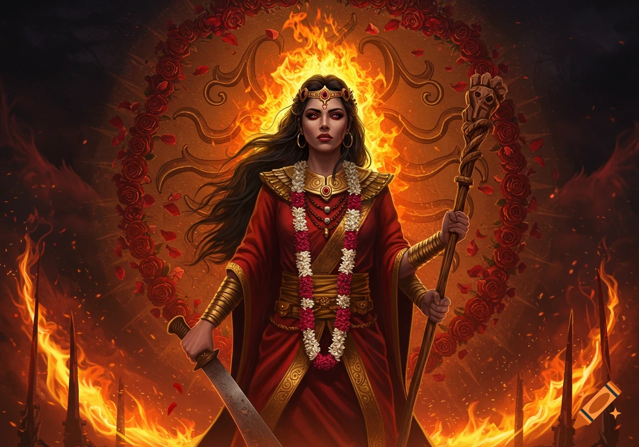 A fierce, graceful woman in red and gold, holding a machete and staff, against a fiery background with a wreath of roses.