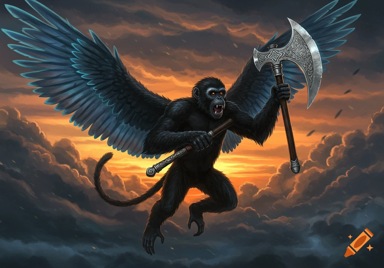 A detailed illustration of a black winged monkey with red eyes, holding an ornate axe and staff, flying against a dramatic cloudy sunset sky.