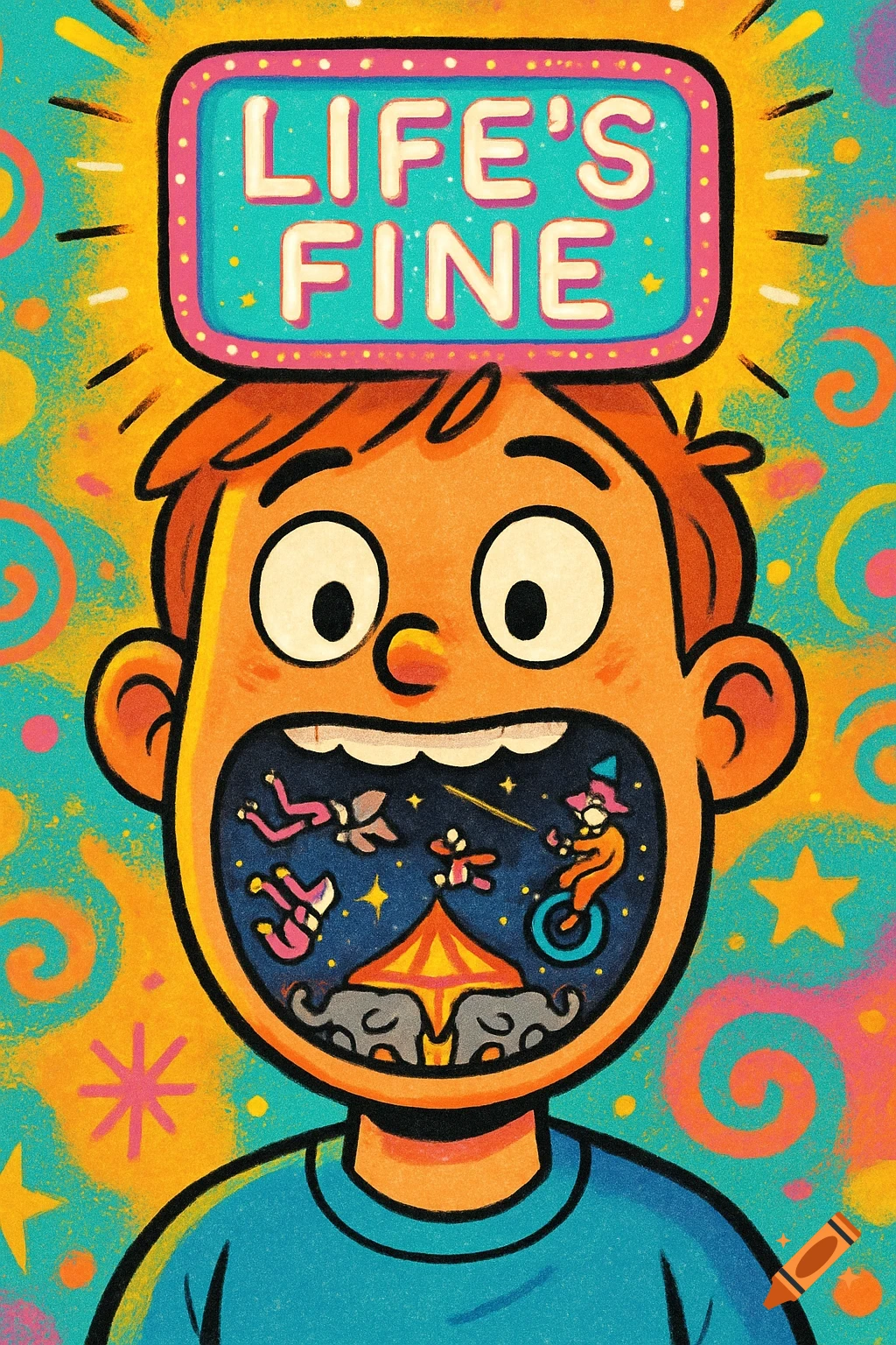 A colorful cartoon illustration of a boy with a circus inside his open mouth and a neon sign saying 'LIFE'S FINE' on his head.