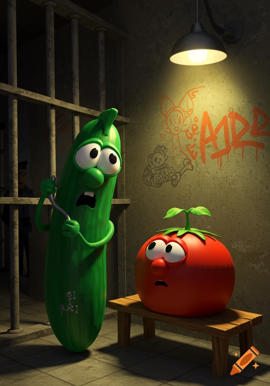 Larry the Cucumber and Bob the Tomato, cartoon vegetables, look scared in a dark jail cell with graffiti on the wall.
