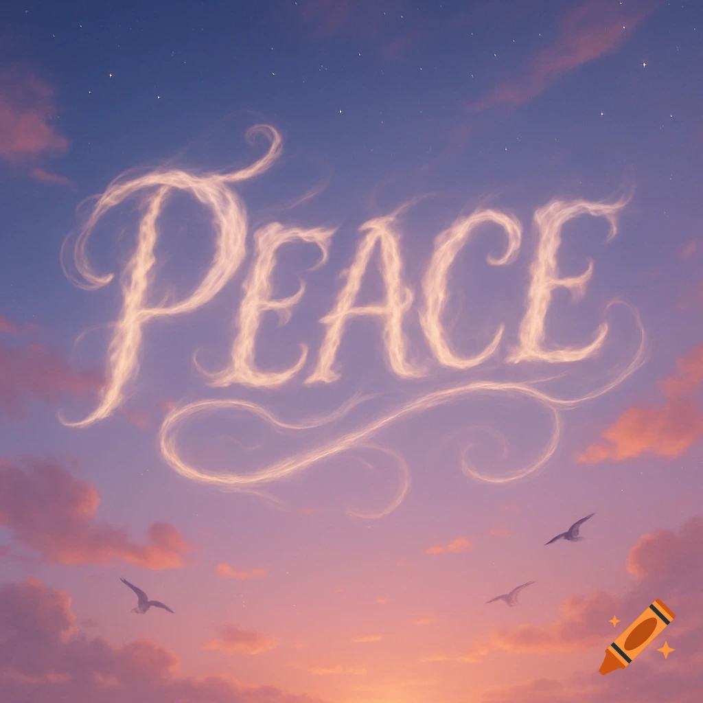 The word PEACE spelled out in wispy clouds at sunset, with birds flying below in a colorful sky.