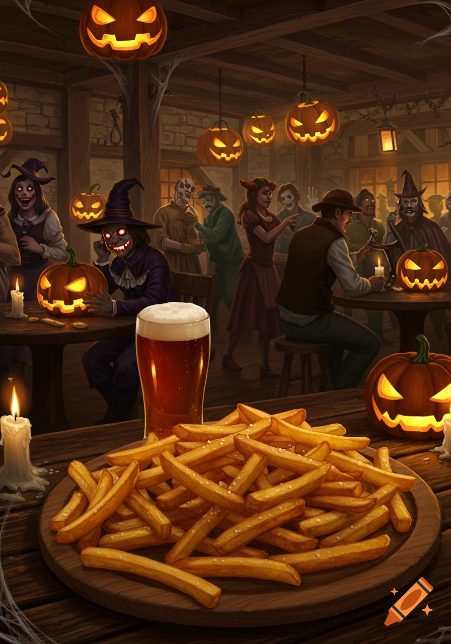 Halloween party in a rustic tavern with costumed patrons, jack-o'-lanterns, beer, and a platter of french fries.