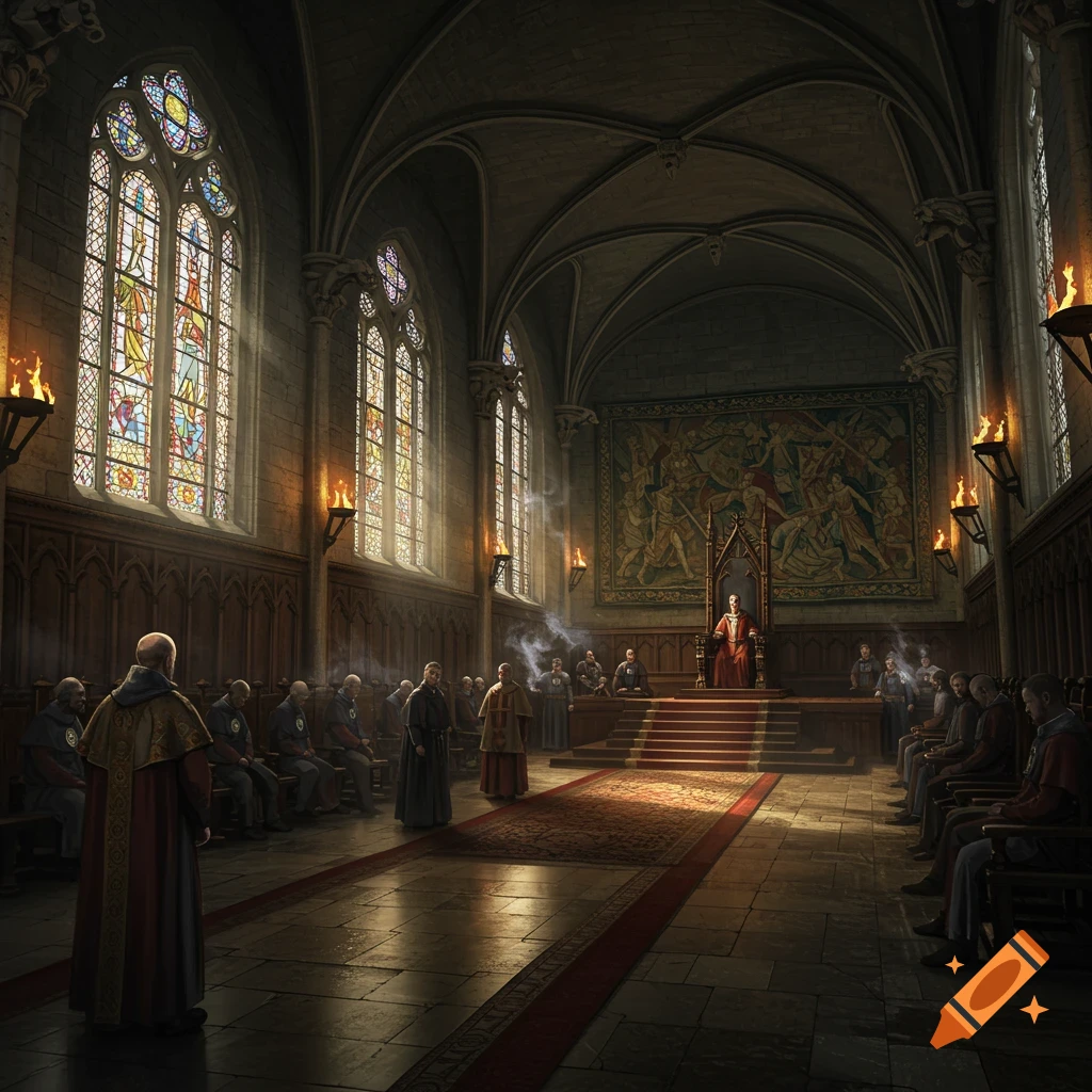 A dimly lit medieval courtroom with a robed figure on a raised throne, stained glass windows, and rows of people gathered on either side.