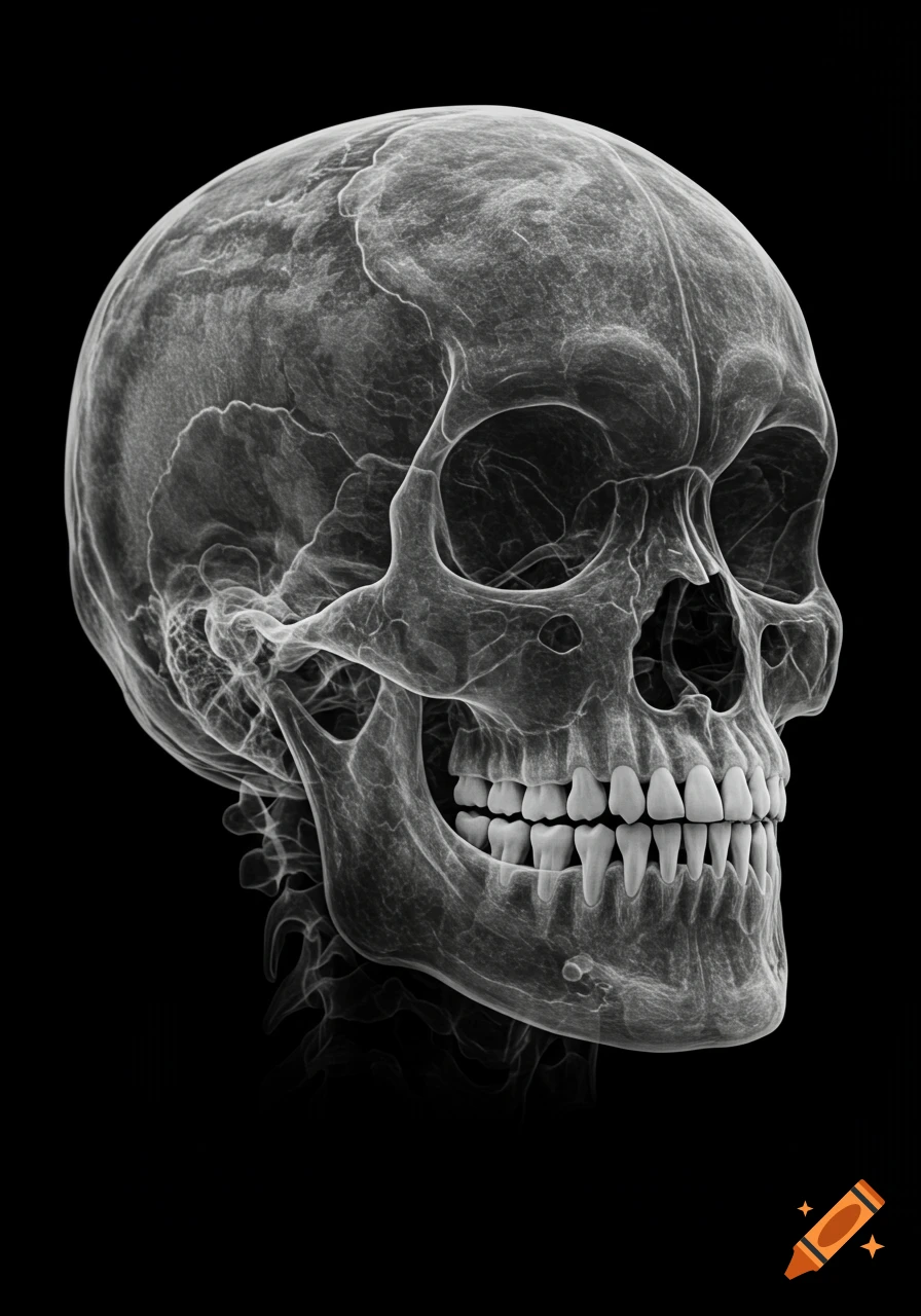 X-ray of a human skull with visible teeth against a black background.