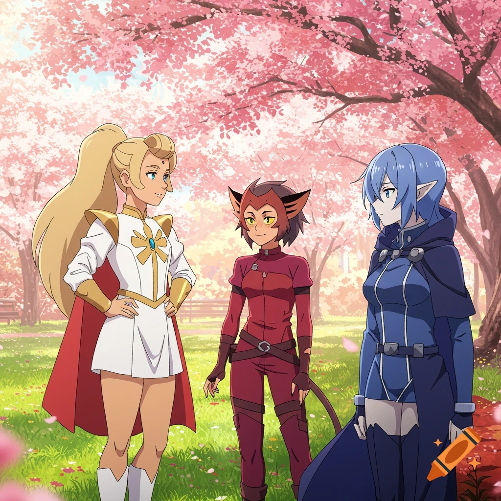 Adora, Catra, and Esdeath stand in an anime park filled with blooming cherry blossoms.