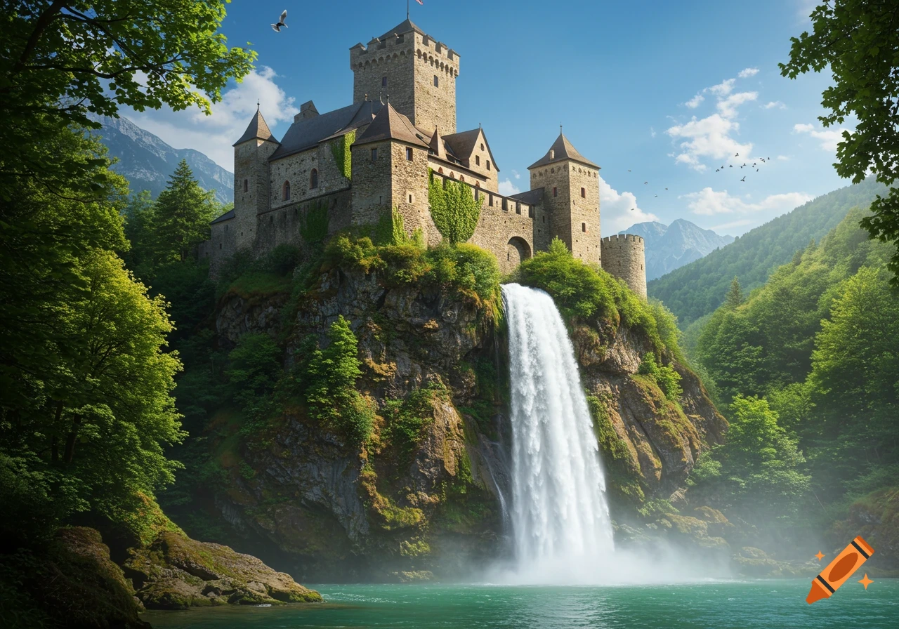 A majestic stone castle on a rocky cliff with a large waterfall cascading into a turquoise river, surrounded by lush green forests and mountains under a blue sky.