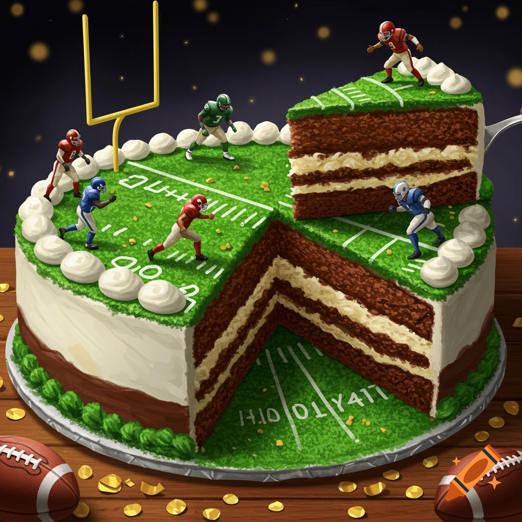 A chocolate cake decorated as a football field, with small football player figurines and a raised slice, on a wooden table with footballs and confetti.