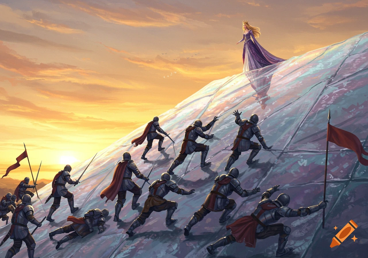 Knights in armor struggle to climb a reflective glass hill towards a princess at the peak under a golden sunset.