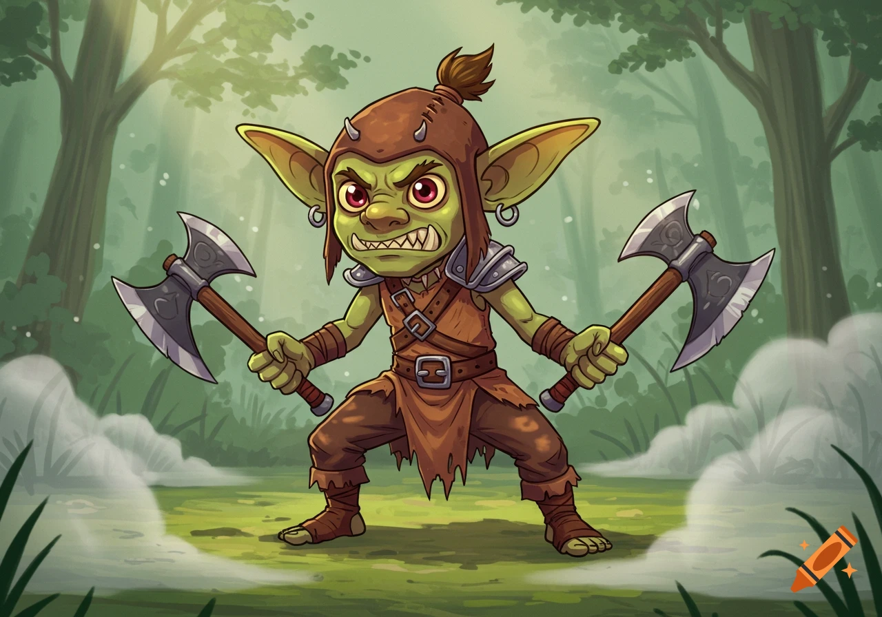 A fierce cartoon goblin in a battle stance, crouched and holding two sharp axes in a misty forest clearing.