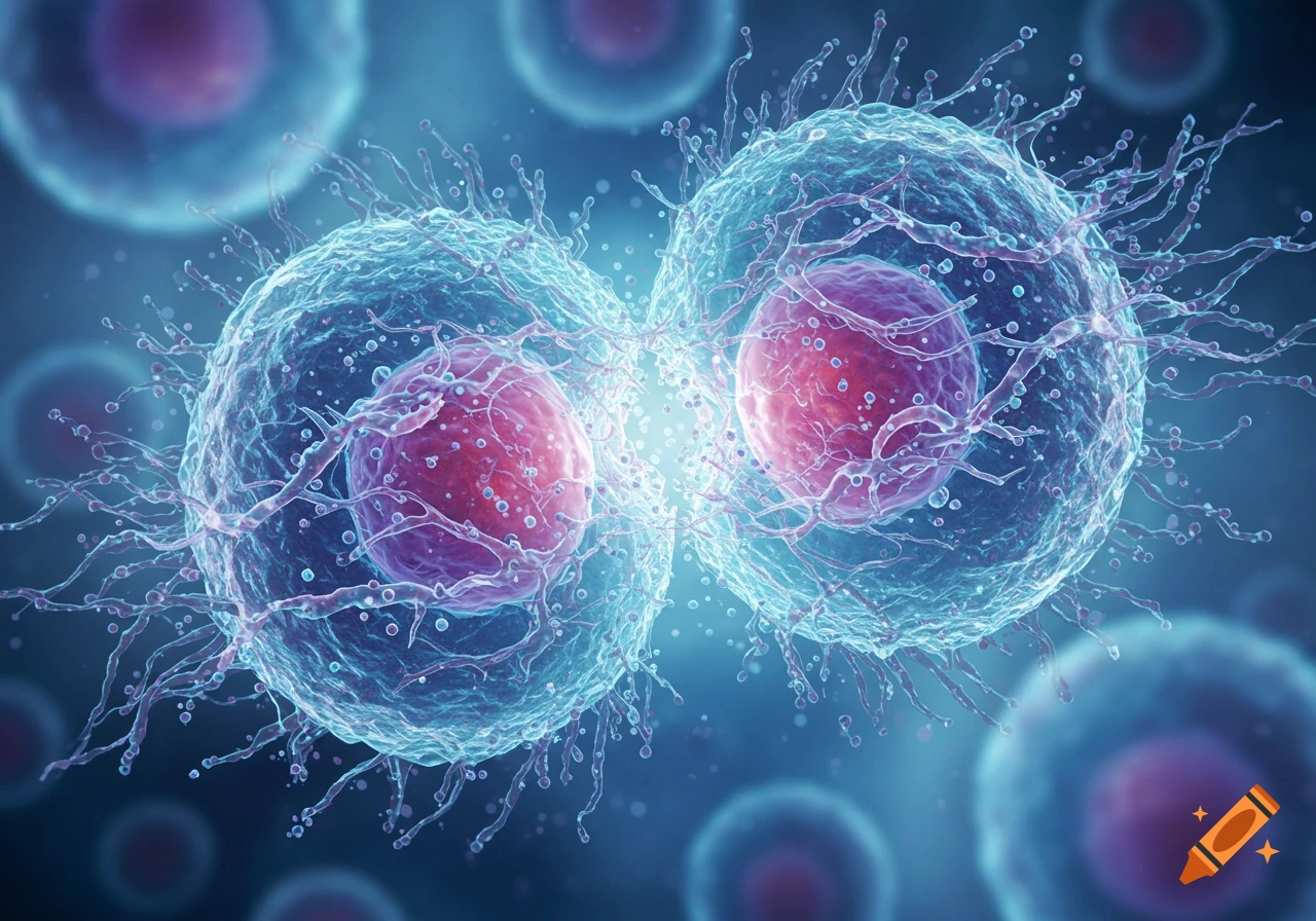 Two glowing blue biological cells connected, with pink nuclei, surrounded by a complex network of tendrils, against a dark blue background.