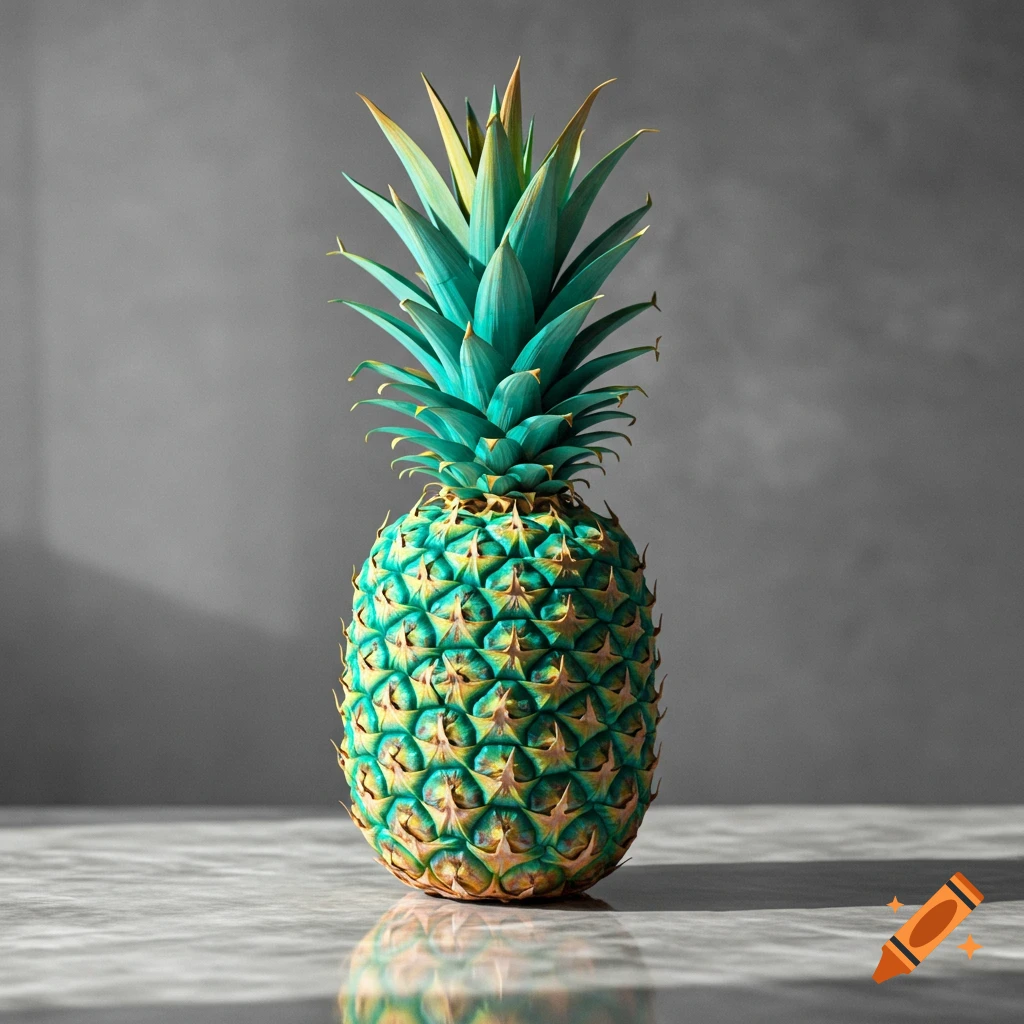 A vibrant teal and gold pineapple stands on a reflective table against a gray background.