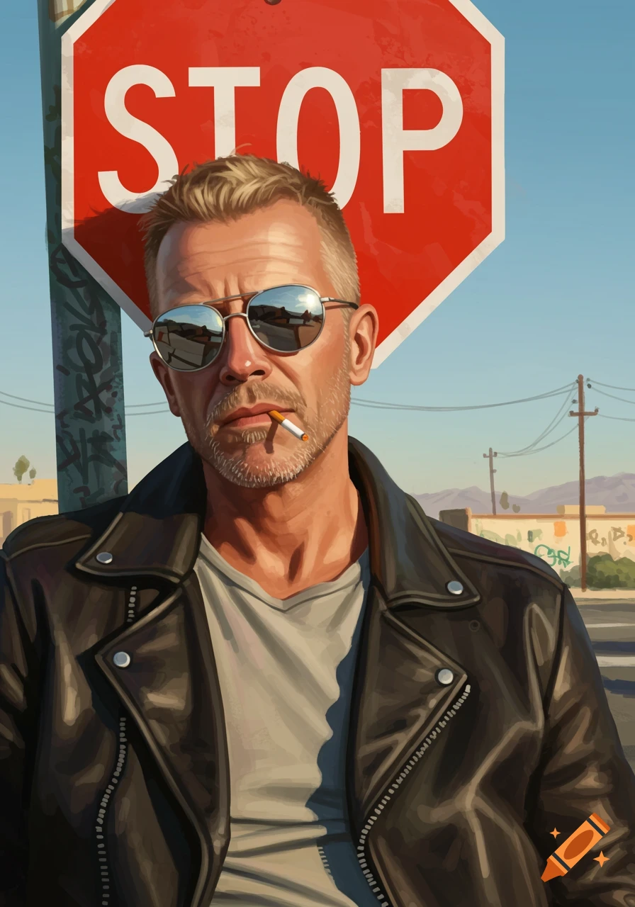 An illustration of a rugged man in sunglasses and a leather jacket with an unlit cigarette, leaning on a red stop sign.