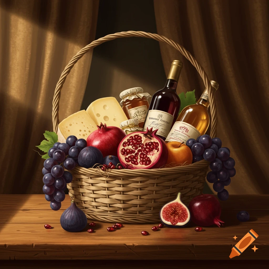 A still life image showing a woven basket overflowing with fruits, cheese, and bottles of wine on a wooden table.