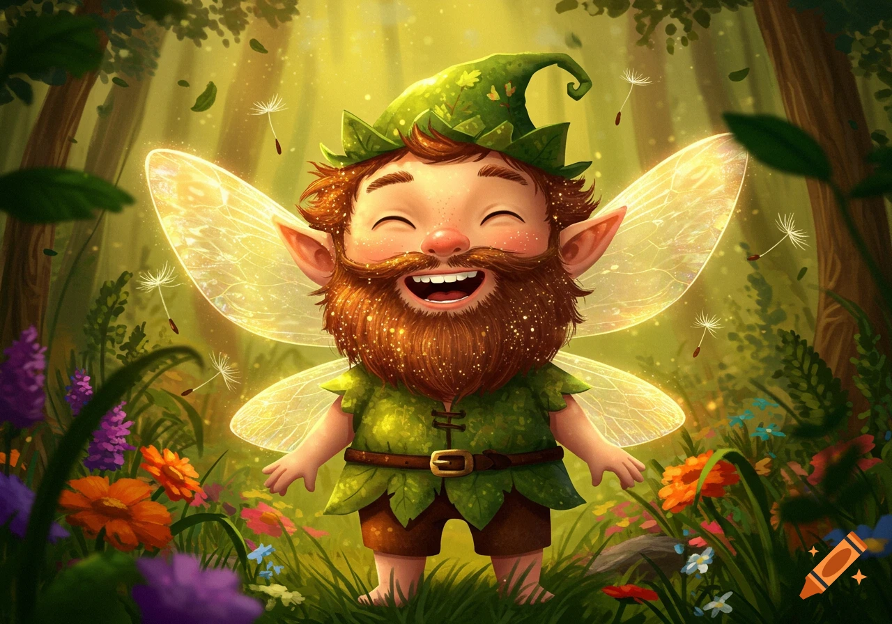 A cheerful, bearded pixie with glowing wings and a leaf hat smiles in a sunlit, magical forest full of flowers.