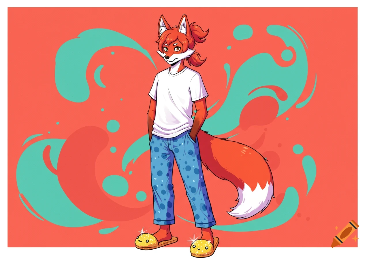 A cartoon red fox character with a ponytail, wearing a white t-shirt, blue polka dot pajama pants, and yellow smiling slippers on a coral background.