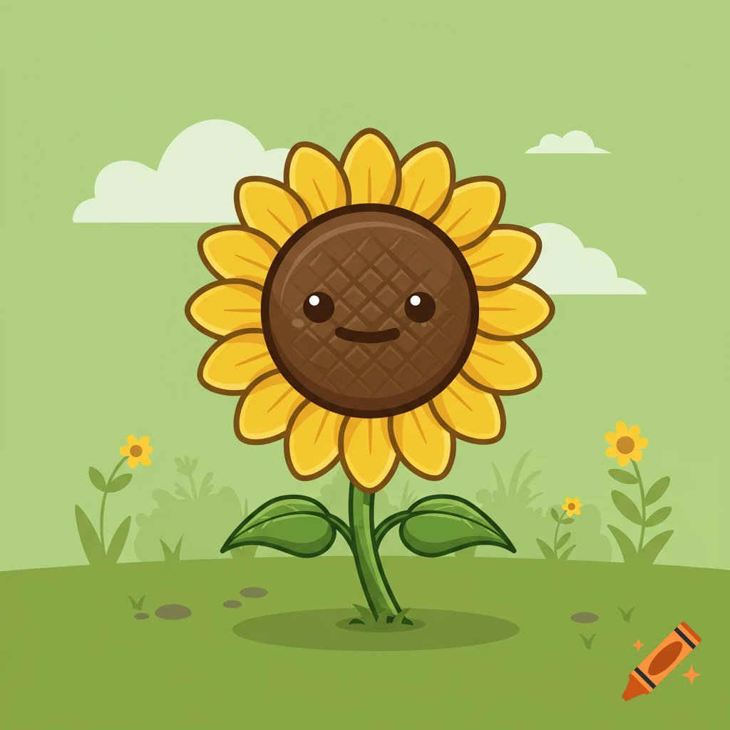 Cute cartoon sunflower with a smiling face in a green field with white clouds.