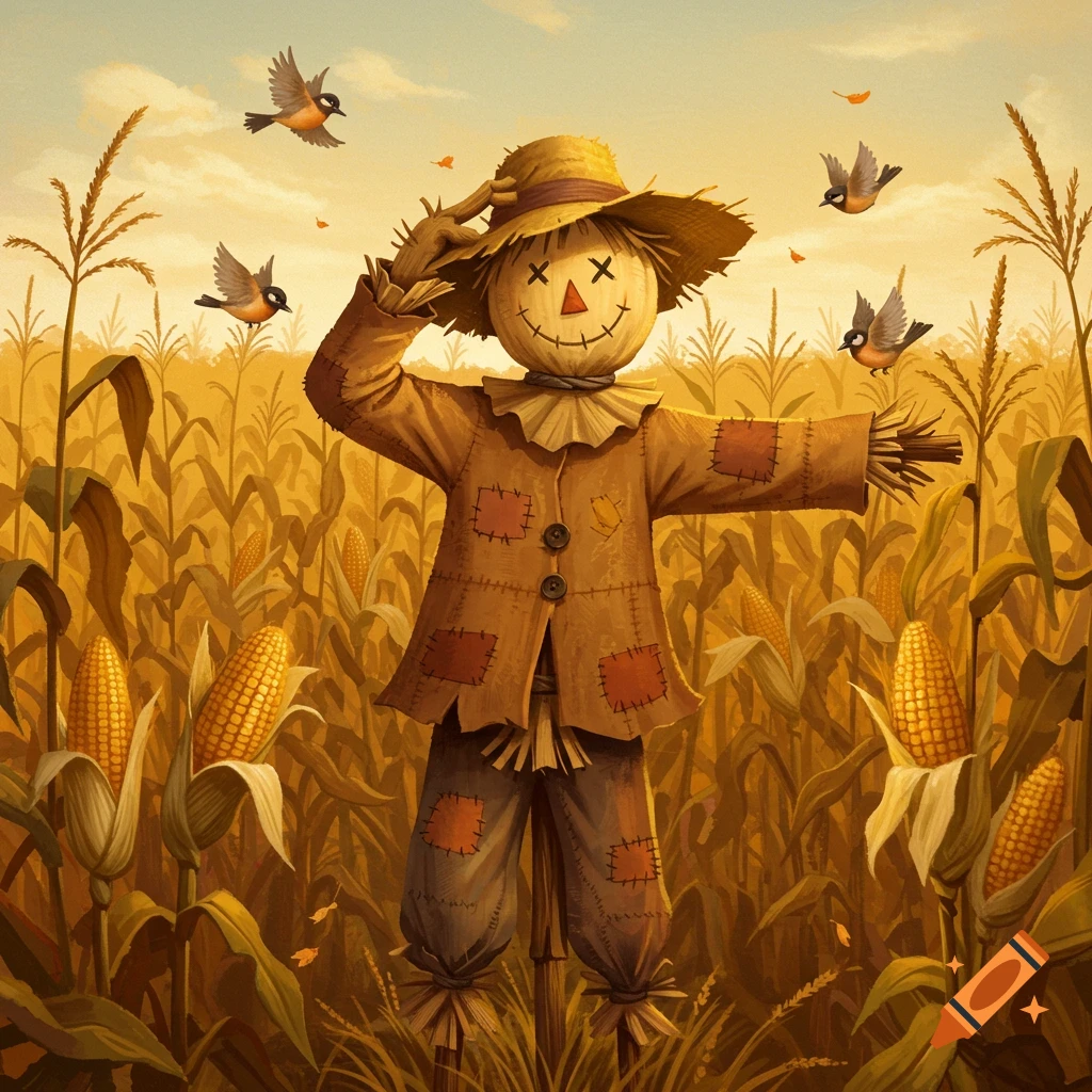 A cheerful scarecrow in a straw hat stands amidst a golden cornfield with birds flying around, in a painterly style.
