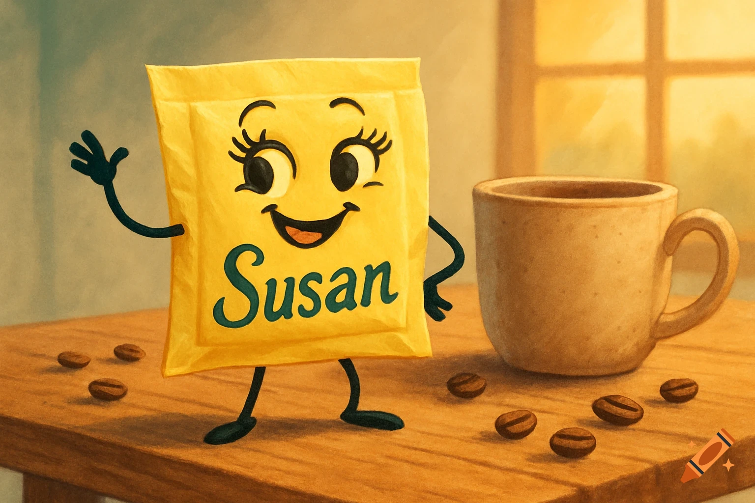 An anthropomorphic yellow packet named 'Susan' with a happy face waves on a wooden table next to a coffee cup and beans, in a warm cartoon style.