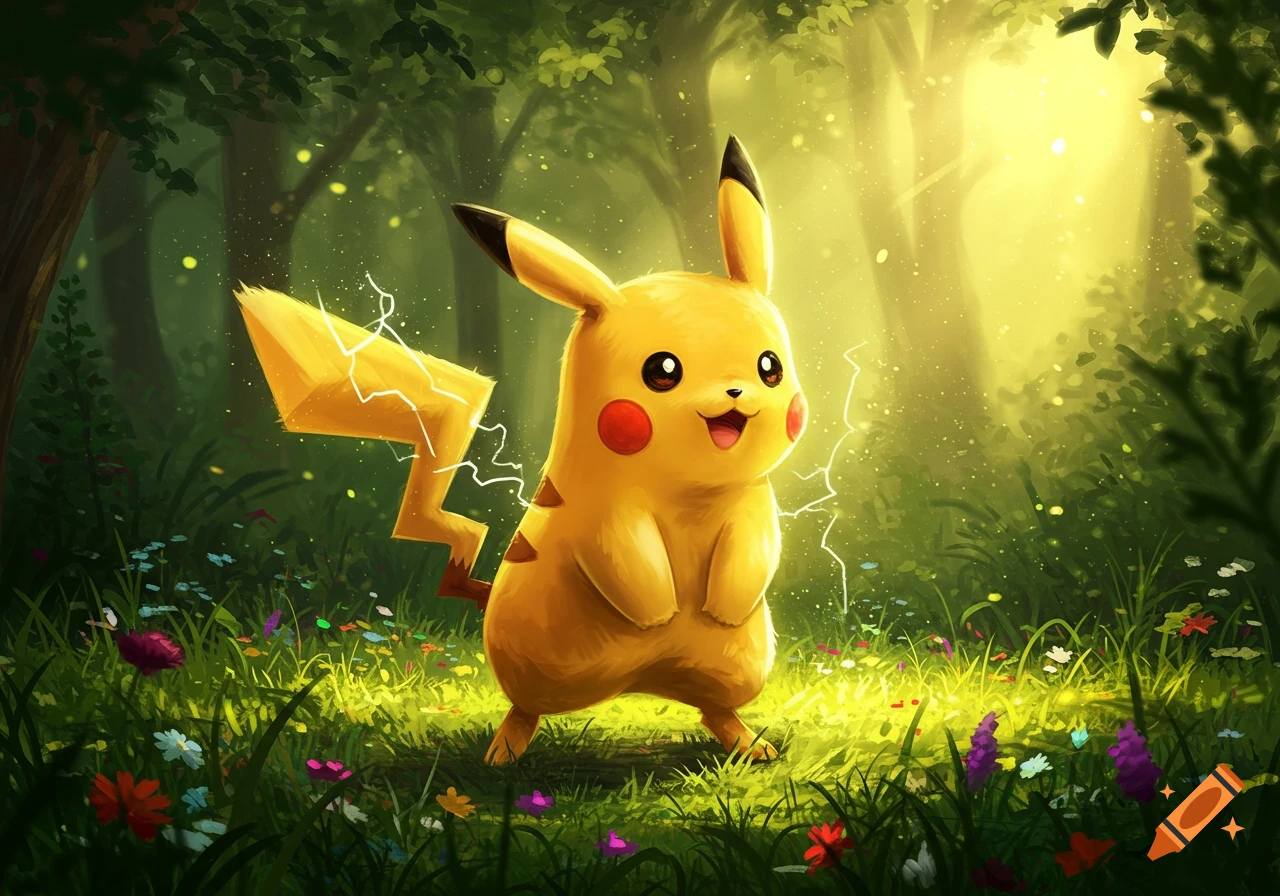 A vibrant illustration of Pikachu standing in a sunlit forest clearing, surrounded by wildflowers, with electricity sparkling around it.