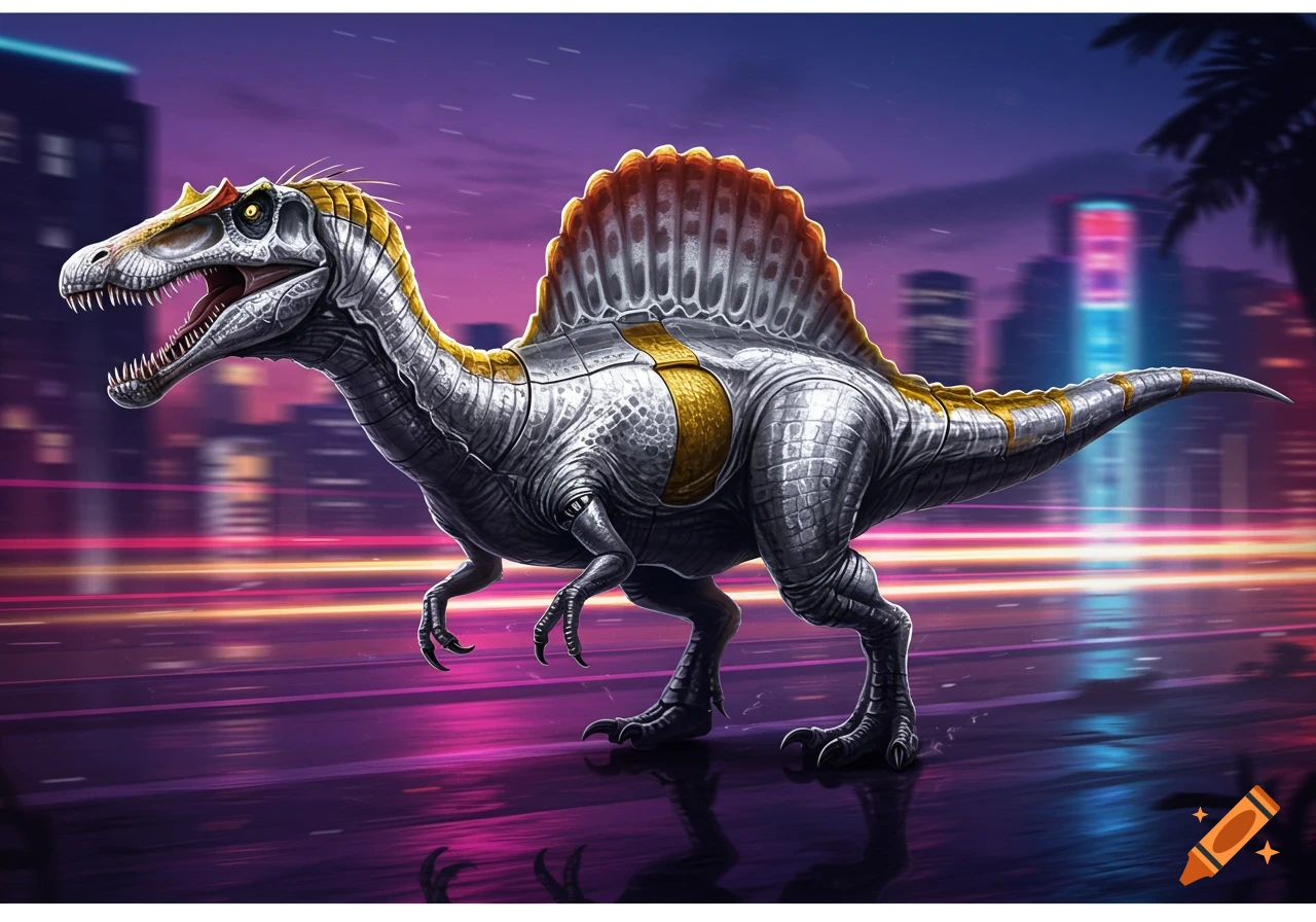 Stylized robotic Spinosaurus with silver and gold plating on a neon-lit street in a futuristic city.