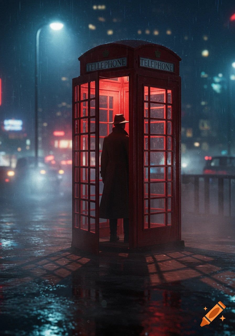 A mysterious figure in a trench coat and hat stands in a red phone booth on a rainy city street at night, illuminated by neon lights.