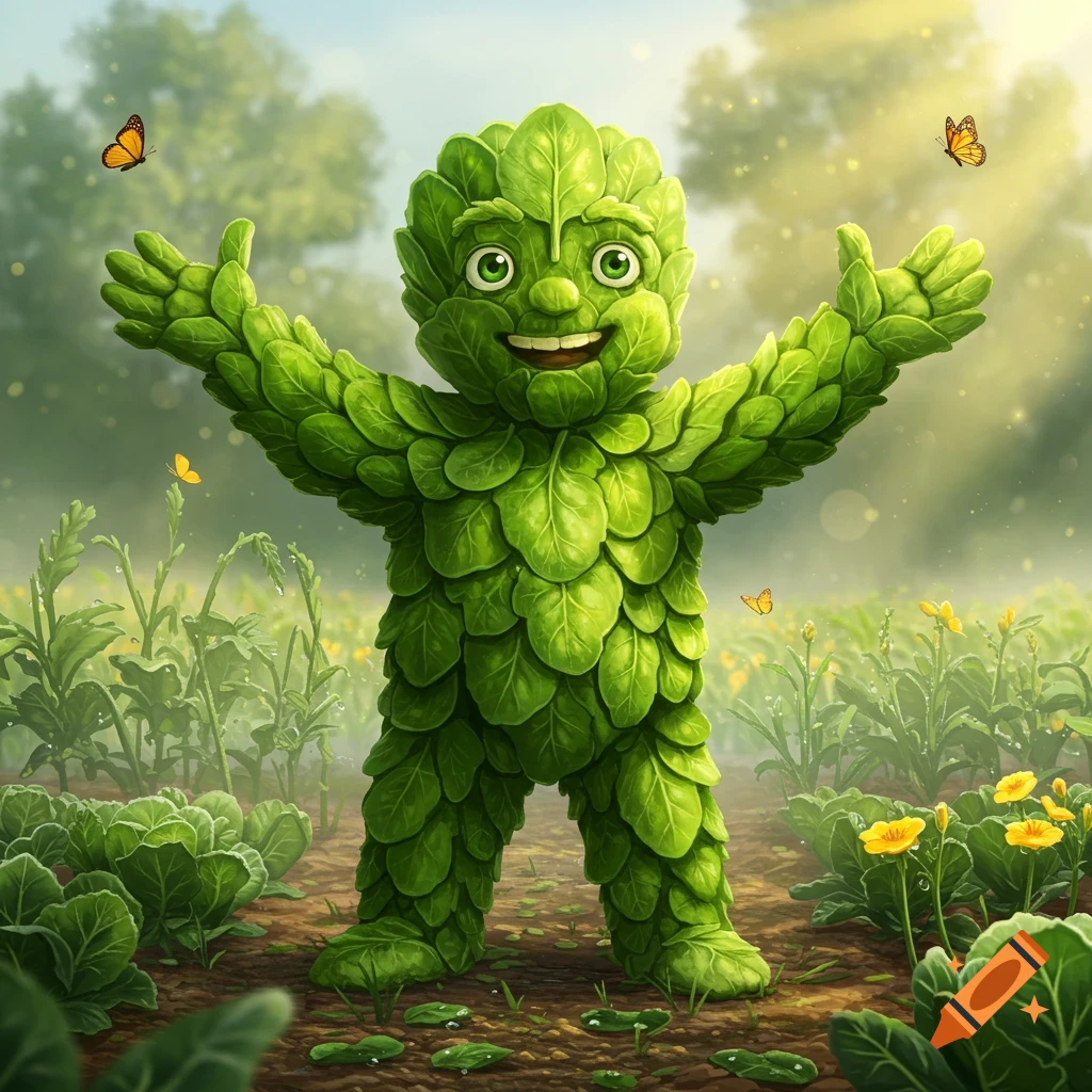 A friendly green spinach leaf character with wide open arms stands in a sunny vegetable field with butterflies.