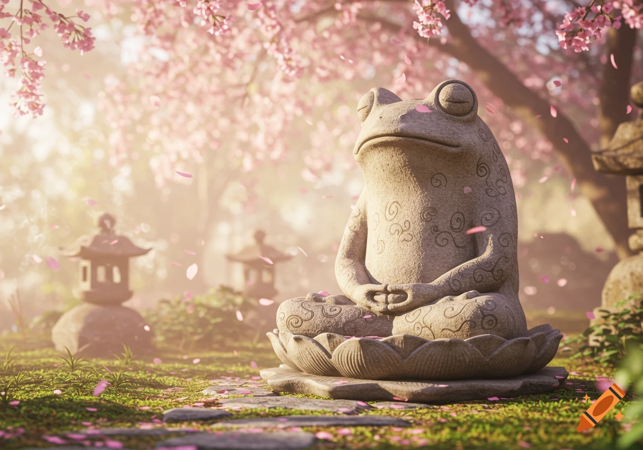A stone frog statue meditating in a vibrant, sunlit Japanese garden with pink cherry blossoms falling.