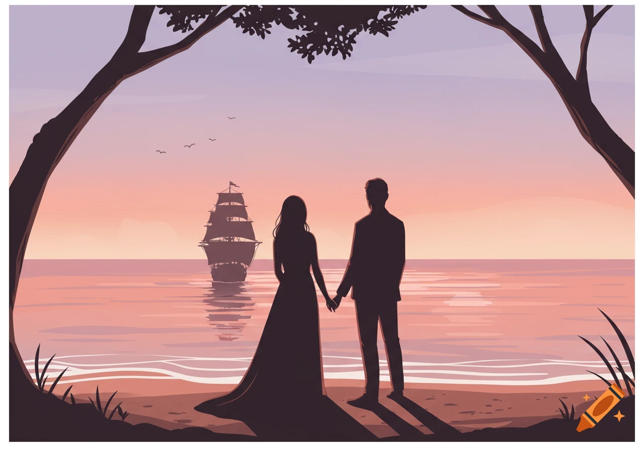 Illustration of a silhouetted couple holding hands on a beach, watching a tall ship at sunset, framed by trees.
