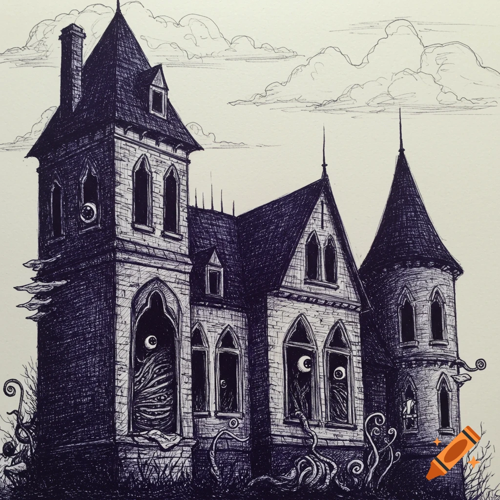 A creepy ballpoint drawing of an abandoned gothic castle with eyes and tentacles emerging from its windows and base.