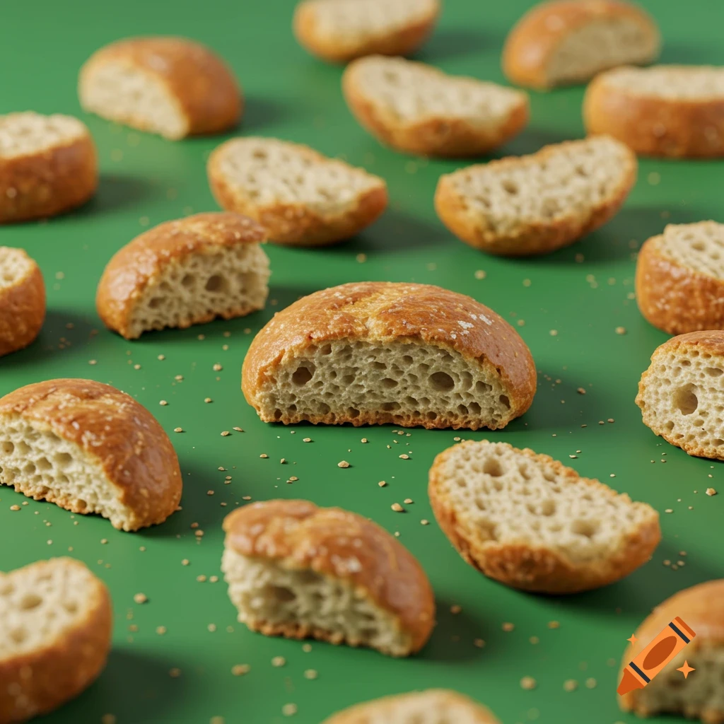 Photorealistic halves of bread rolls and crumbs scattered on a vibrant green background.