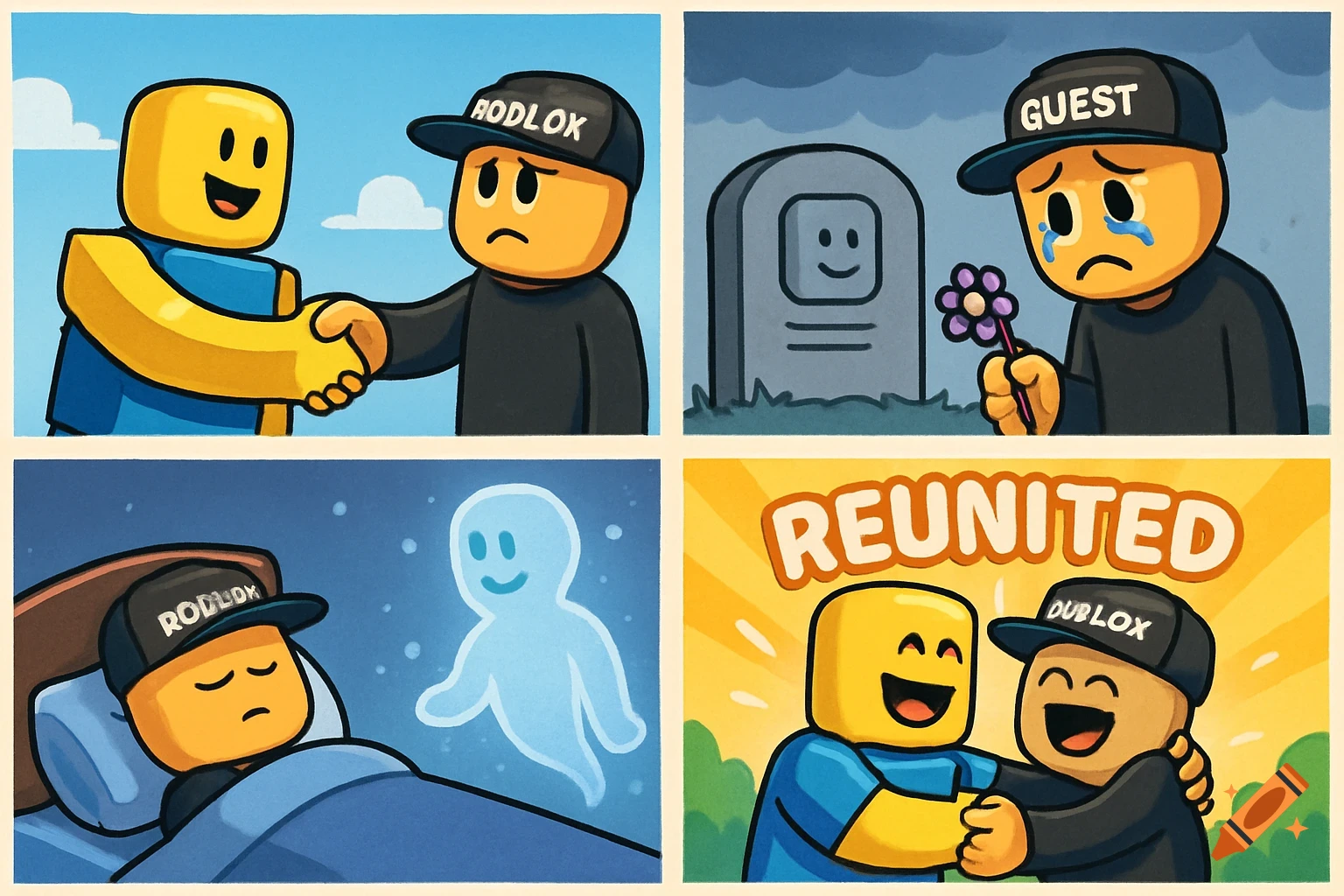 A four-panel comic strip featuring Roblox characters: a smiling Noob and a sad Guest. Panels show them shaking hands, the Guest crying at a grave, the Guest's spirit leaving his body, and finally, them reuniting happily.