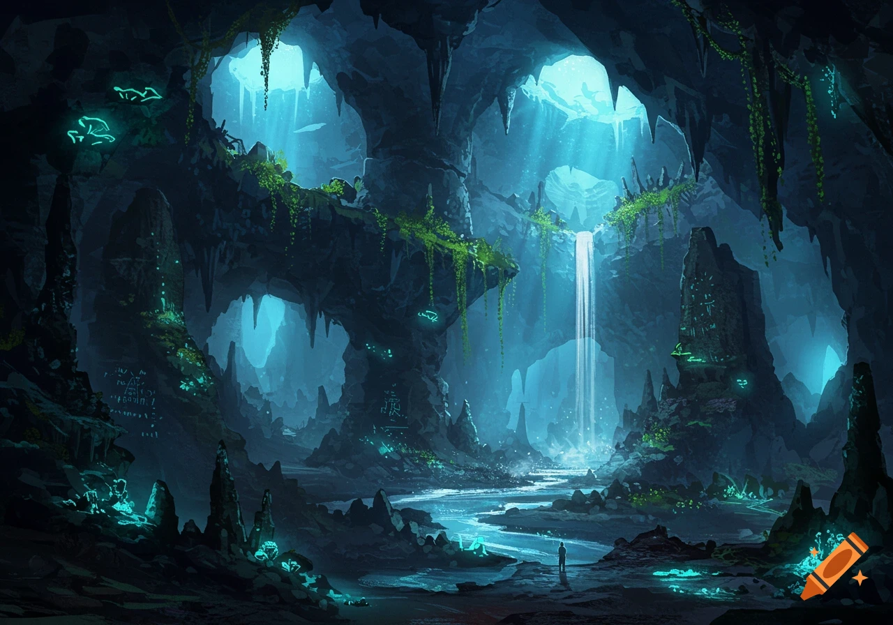 Vast underground cave with glowing blue light, a towering waterfall, and a winding river. A small figure stands on the bank.