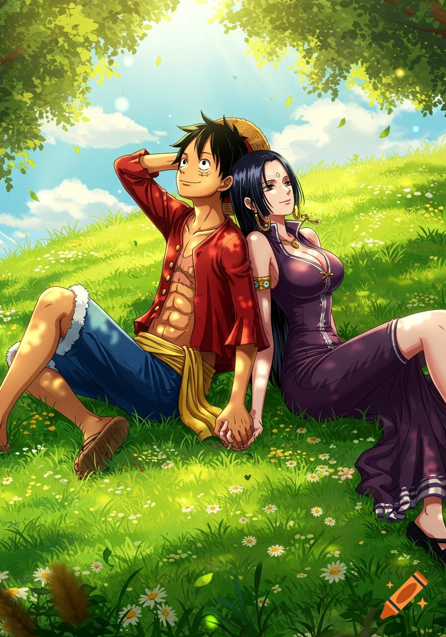 Anime characters Luffy and Boa Hancock sit on a sunny grassy hill, holding hands under a tree.