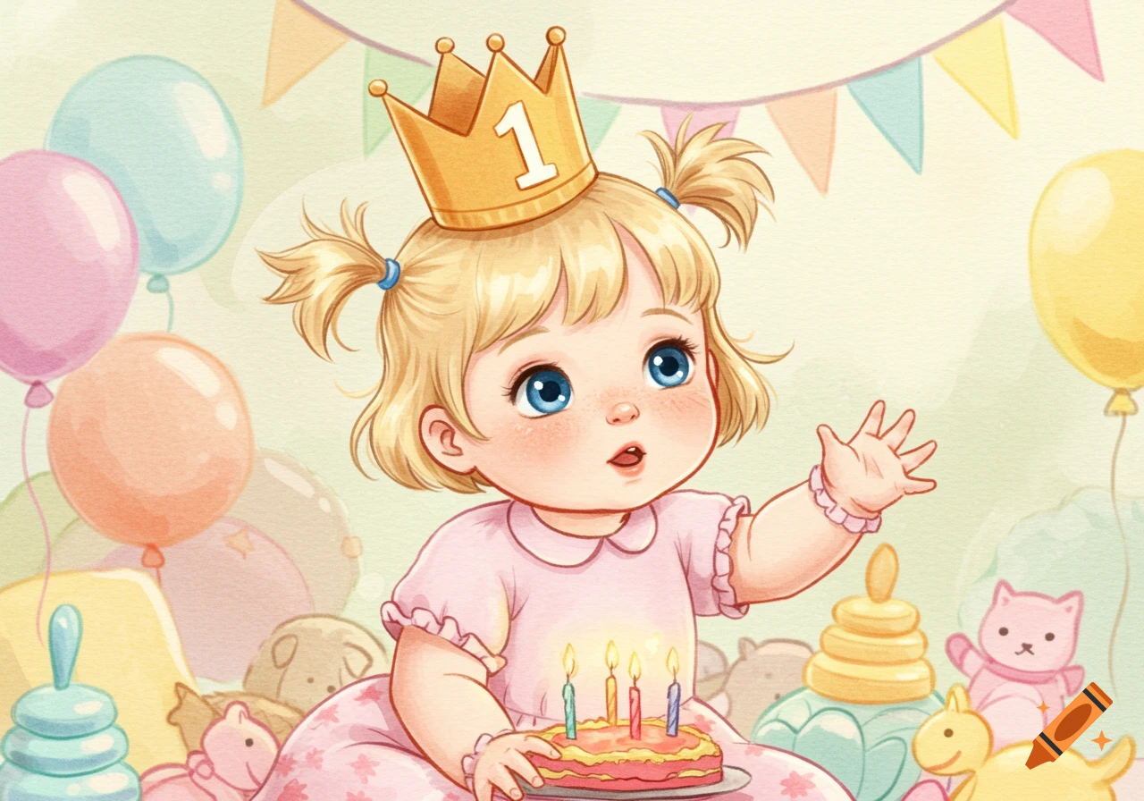 A watercolor illustration of a joyful baby girl wearing a '1' birthday crown, holding a cake with candles, surrounded by balloons and toys.