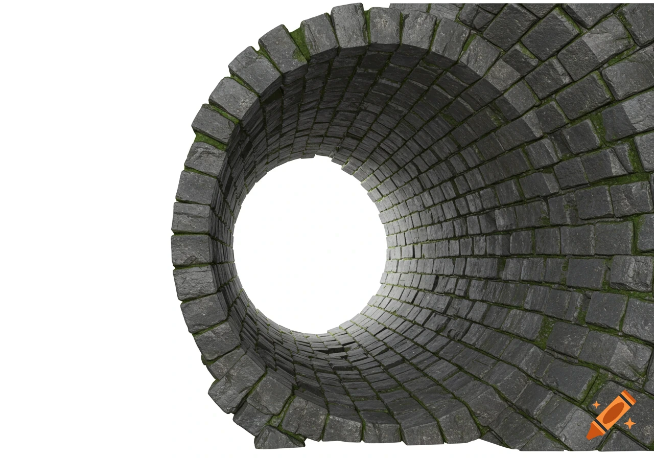 A stone tunnel with a circular opening, detailed with moss between dark grey blocks, against a white background.