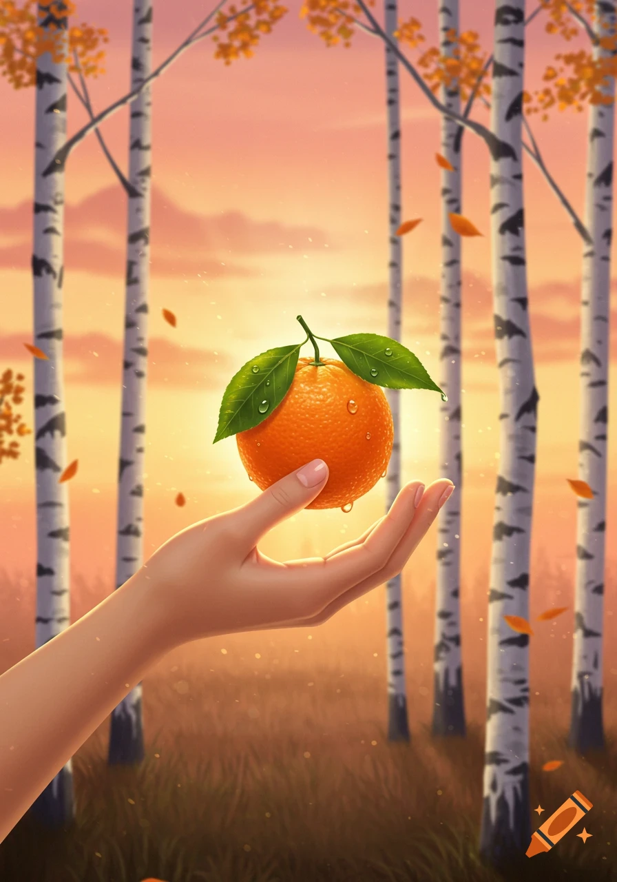 Digital illustration of a hand holding a dew-kissed orange with leaves, set against birch trees and a sunrise sky.