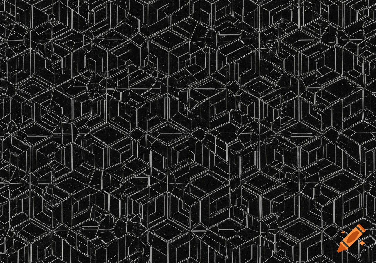 Black and white repeating geometric pattern of interconnected cubes and lines, creating a textured abstract surface.