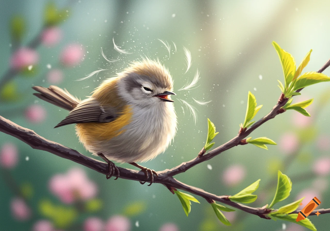 A cute, fluffy bird with closed eyes and open beak sneezing on a tree branch, surrounded by spring leaves and blurry pink flowers.