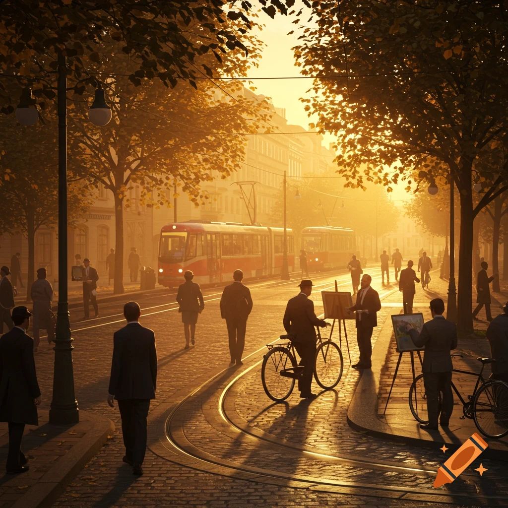 A bustling city street bathed in golden sunlight, with trams, pedestrians, and artists painting on cobblestones.