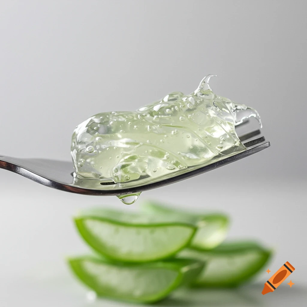 Close-up of translucent aloe vera gel with bubbles on a silver fork, with aloe leaf slices blurred in the background.