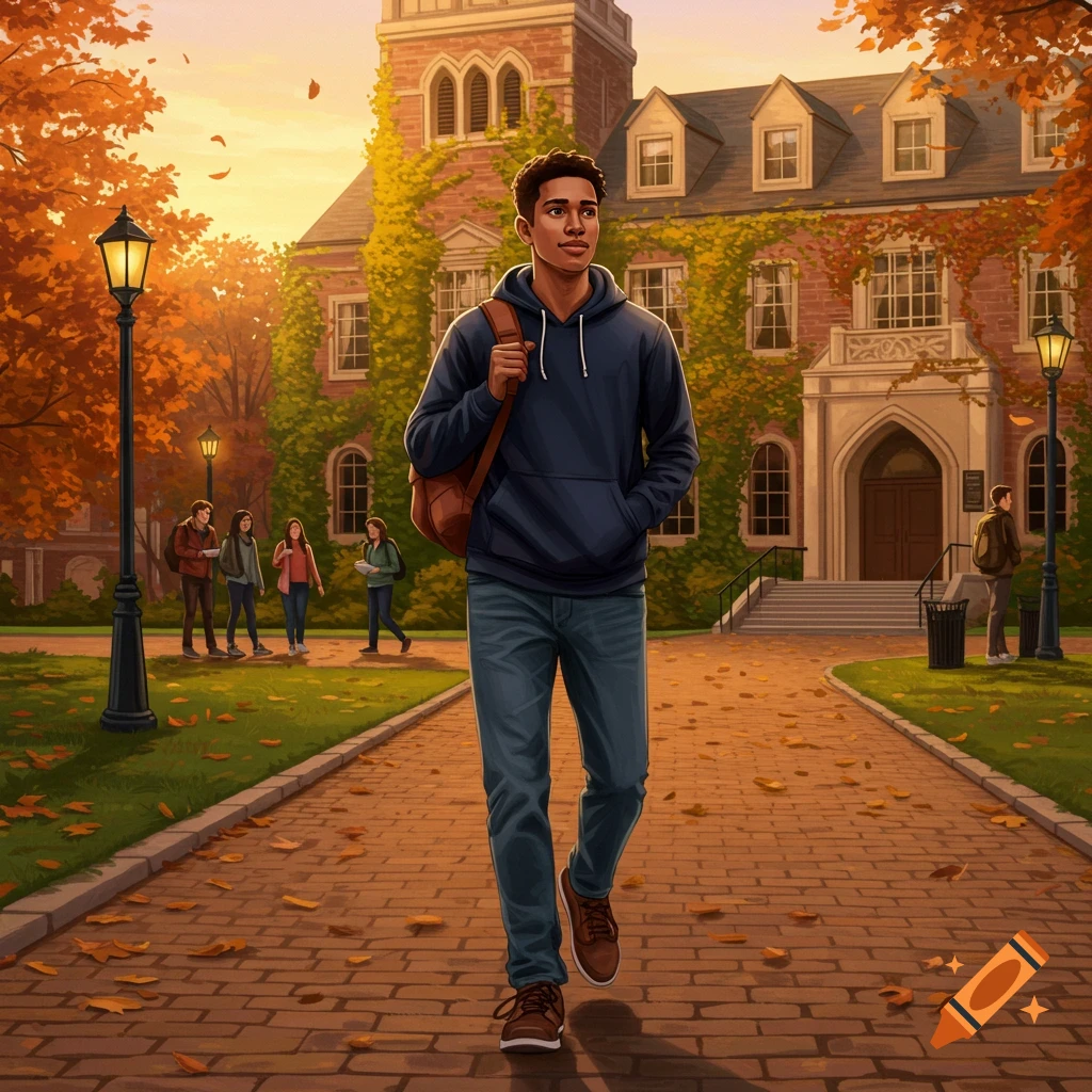 A young man with a backpack walks on a brick path through a vibrant autumn college campus at sunset, digital art.