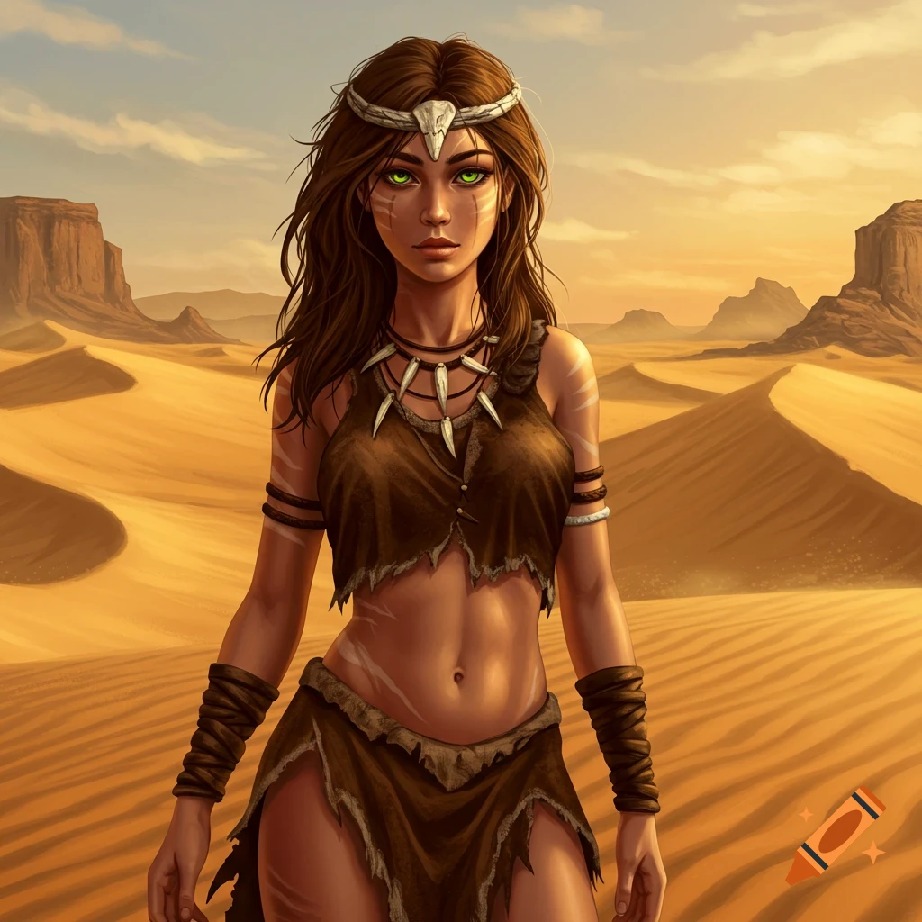 A beautiful female fantasy warrior in a skimpy prehistoric outfit with a bone circlet stands in a vast desert landscape.